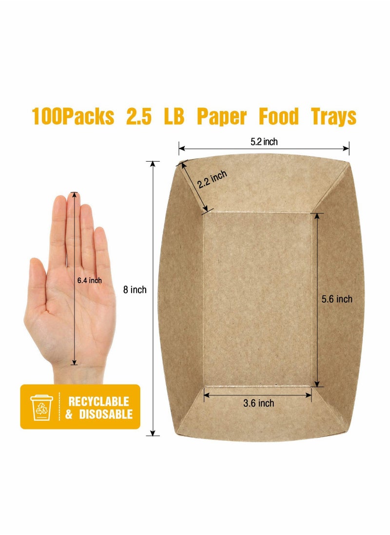 2.5Lb Paper Food Trays, 100Pack Disposable Paper Food Boats Greaseproof Kraft Paper Serving Boats Trays, Eco Friendly Food Snack Baskets for Party (Brown)