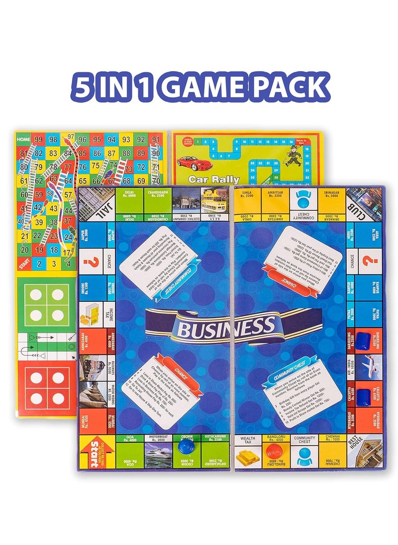 Ratna's Business JR. Coins 5 in 1 Board Game Set | Includes Games Like business, Snake and Ladders, Ludo, Car Rally, and Cricket | Perfect for Kids & Adults 2-4 Players