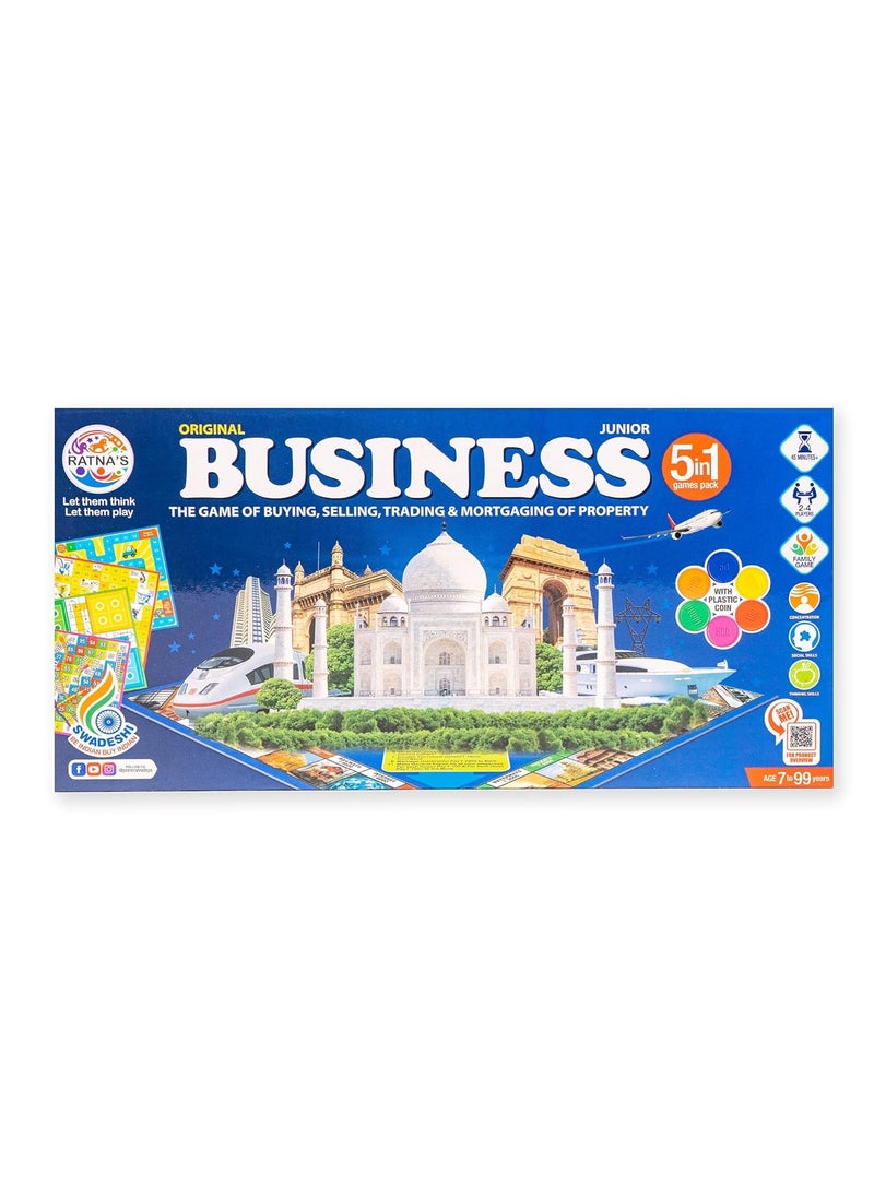 Ratna's Business JR. Coins 5 in 1 Board Game Set | Includes Games Like business, Snake and Ladders, Ludo, Car Rally, and Cricket | Perfect for Kids & Adults 2-4 Players