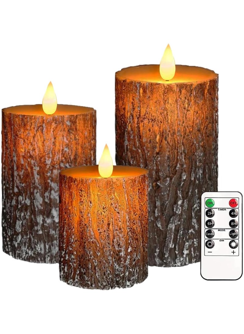 Set of 3 Flameless Candles Lights  Pillar Pine Bark Effect Real Wax Flickering 3D Wick Electric Dimmable LED Decorative Candle Sets with Remote Timer for Christmas Winter Home Decor