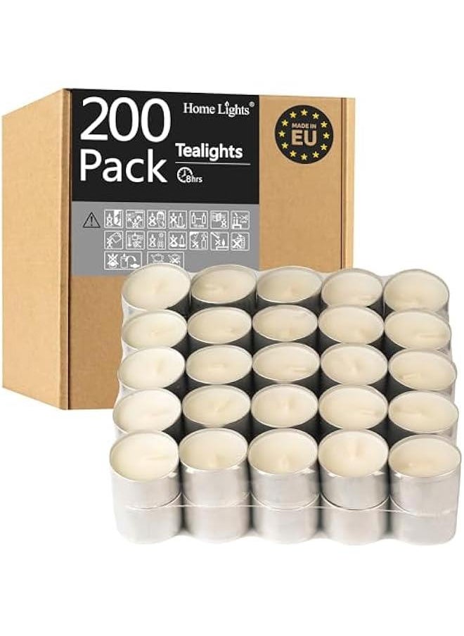 HomeLights Tealight Candles - 8 Hour Long time Burning, Giant 100,200,300 Packs -White Votive Smokeless European Tea Light Unscented Candles for Shabbat, Weddings, Christmas,Home Decorative -200 Pac