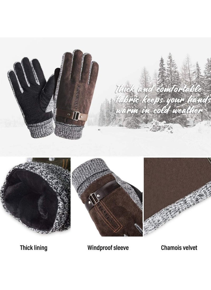 Men's Leather Thermal Gloves - Winter Thick Warm Fleece Lined, Windproof Cold Proof, Touchscreen Compatible, Ideal for Cycling, Driving, Running, Camping, Hiking