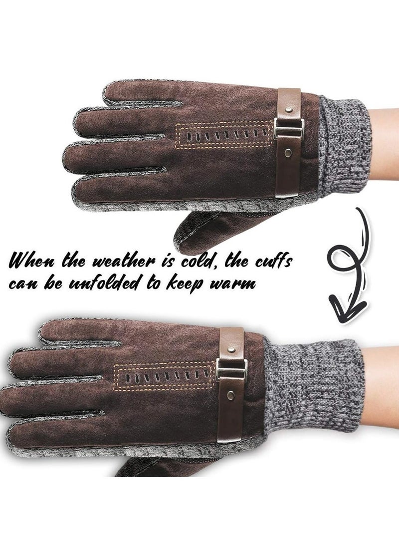 Men's Leather Thermal Gloves - Winter Thick Warm Fleece Lined, Windproof Cold Proof, Touchscreen Compatible, Ideal for Cycling, Driving, Running, Camping, Hiking