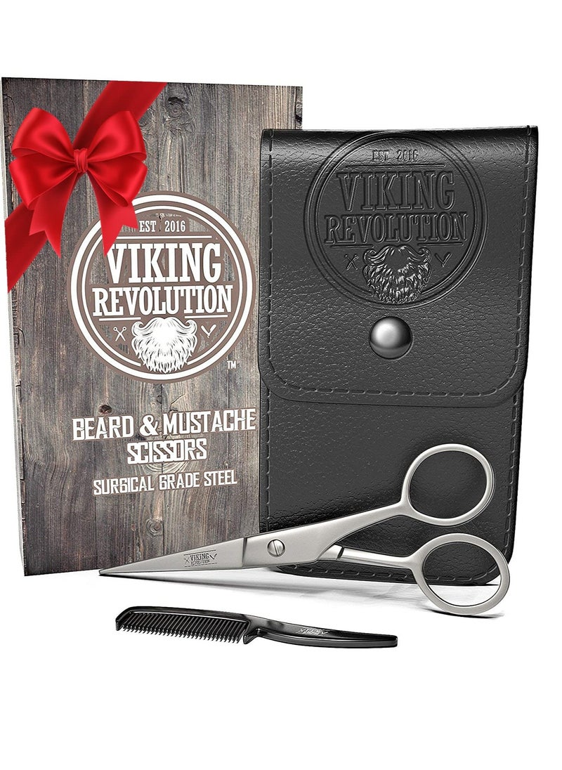 Viking Revolution - Beard and Mustache Scissors w/Comb and Synthetic Leather Case Professional Sharp Surgical Grade Steel for Trimming, Grooming, Cutting Mustache, Beards & Eyebrows Hair