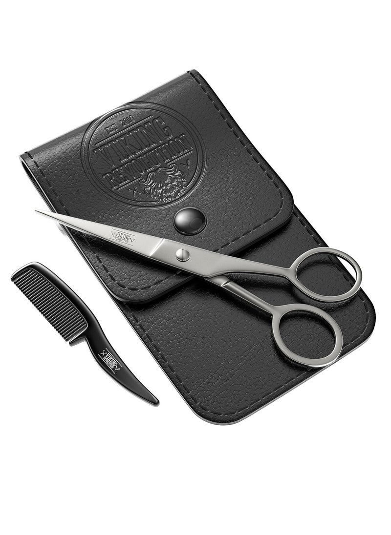 Viking Revolution - Beard and Mustache Scissors w/Comb and Synthetic Leather Case Professional Sharp Surgical Grade Steel for Trimming, Grooming, Cutting Mustache, Beards & Eyebrows Hair