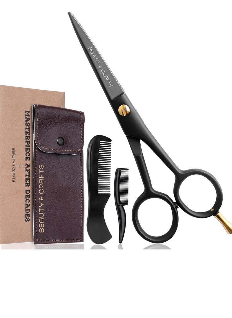 Beauty & Crafts- 5'' German Beard Mustache Scissors - 2 Mustache Comb for Facial Hair with Beautiful Pouch - Beard Trimming Scissors Use for Grooming, Cutting, and Styling of Mustache (Black)