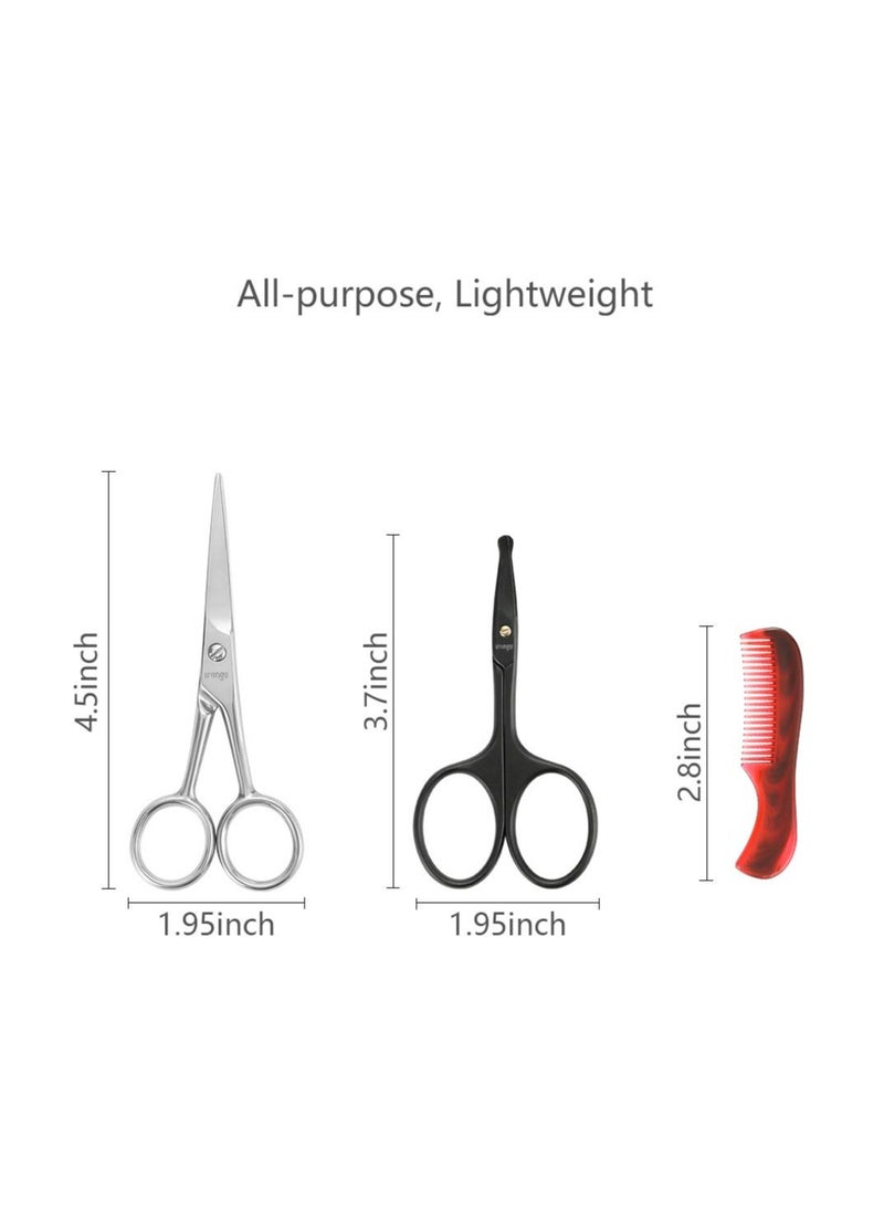 LIVINGO 4.5 inches Beard & Mustache Scissors for Men, Professional Rounded Tip Safety Sharp Stainless Steel Small Beauty Facial Nose Hair Trimming Shears Kit with Mini Comb and Leather Case