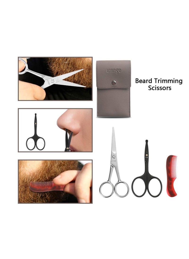 LIVINGO 4.5 inches Beard & Mustache Scissors for Men, Professional Rounded Tip Safety Sharp Stainless Steel Small Beauty Facial Nose Hair Trimming Shears Kit with Mini Comb and Leather Case