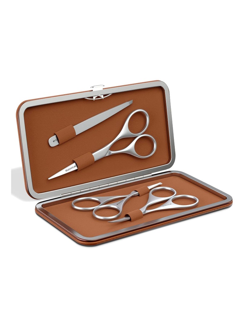 Premium Beard & Mustache Scissors Set/Kit with Beard scissors for men - Grooming Scissors men/Facial Hair Scissors/Nose scissors - Eyebrow Scissors - Slant Tweezers (4 Pcs Brown)