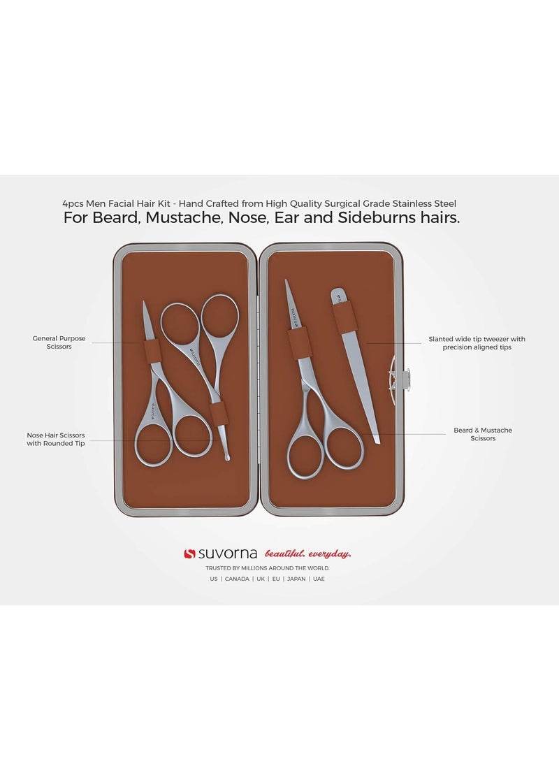 Premium Beard & Mustache Scissors Set/Kit with Beard scissors for men - Grooming Scissors men/Facial Hair Scissors/Nose scissors - Eyebrow Scissors - Slant Tweezers (4 Pcs Brown)