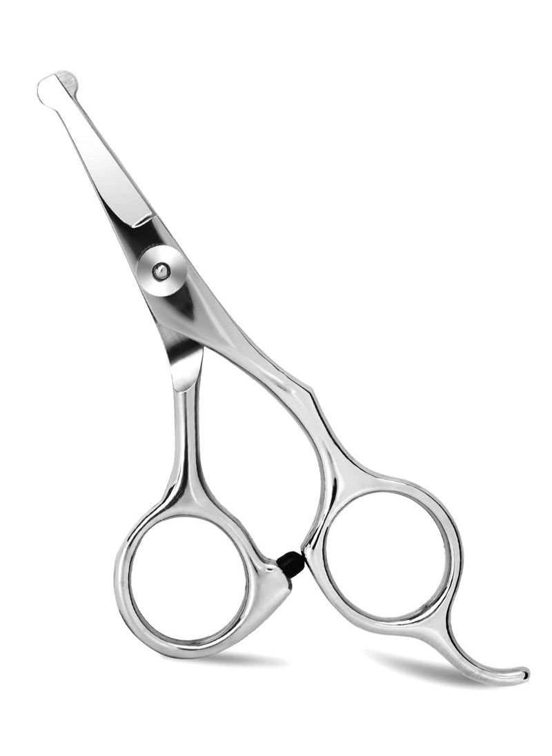 Facial Hair Scissors for Men, Professional Mustache & Beard Scissors, Nose Ear Eyebrow Pet Trimming Stainless Steel Scissors(Safety Round Tip Design), Silver, 5.3inx2.16inx0.7in