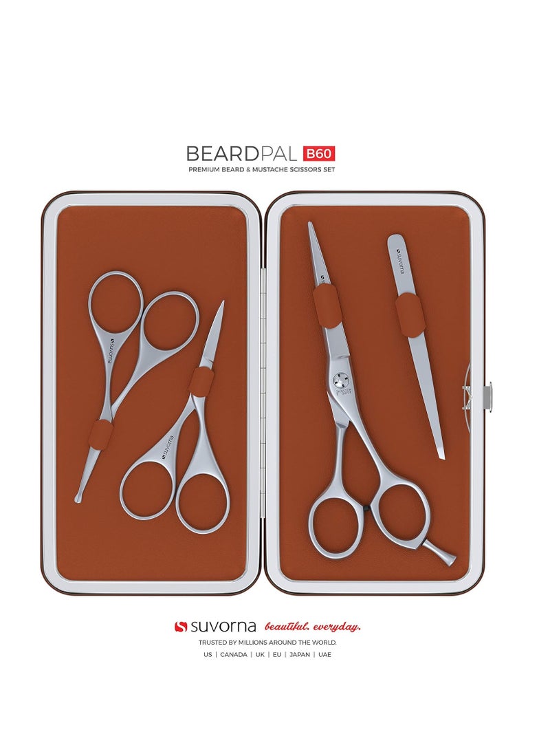 Premium Beard & Mustache Scissors Set/Kit with Beard scissors for men - Grooming Scissors men/Facial Hair Scissors/Nose scissors - Eyebrow Scissors - Slant Tweezers (4 Pcs Brown)