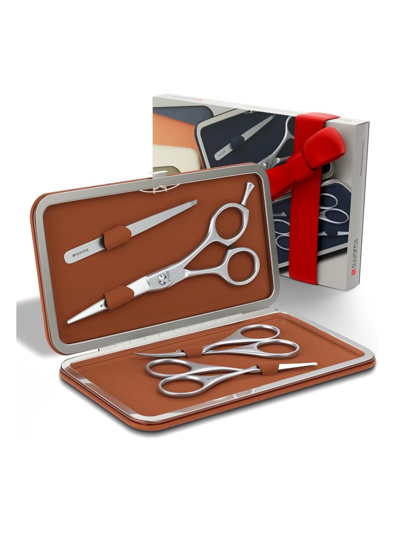 Premium Beard & Mustache Scissors Set/Kit with Beard scissors for men - Grooming Scissors men/Facial Hair Scissors/Nose scissors - Eyebrow Scissors - Slant Tweezers (4 Pcs Brown)