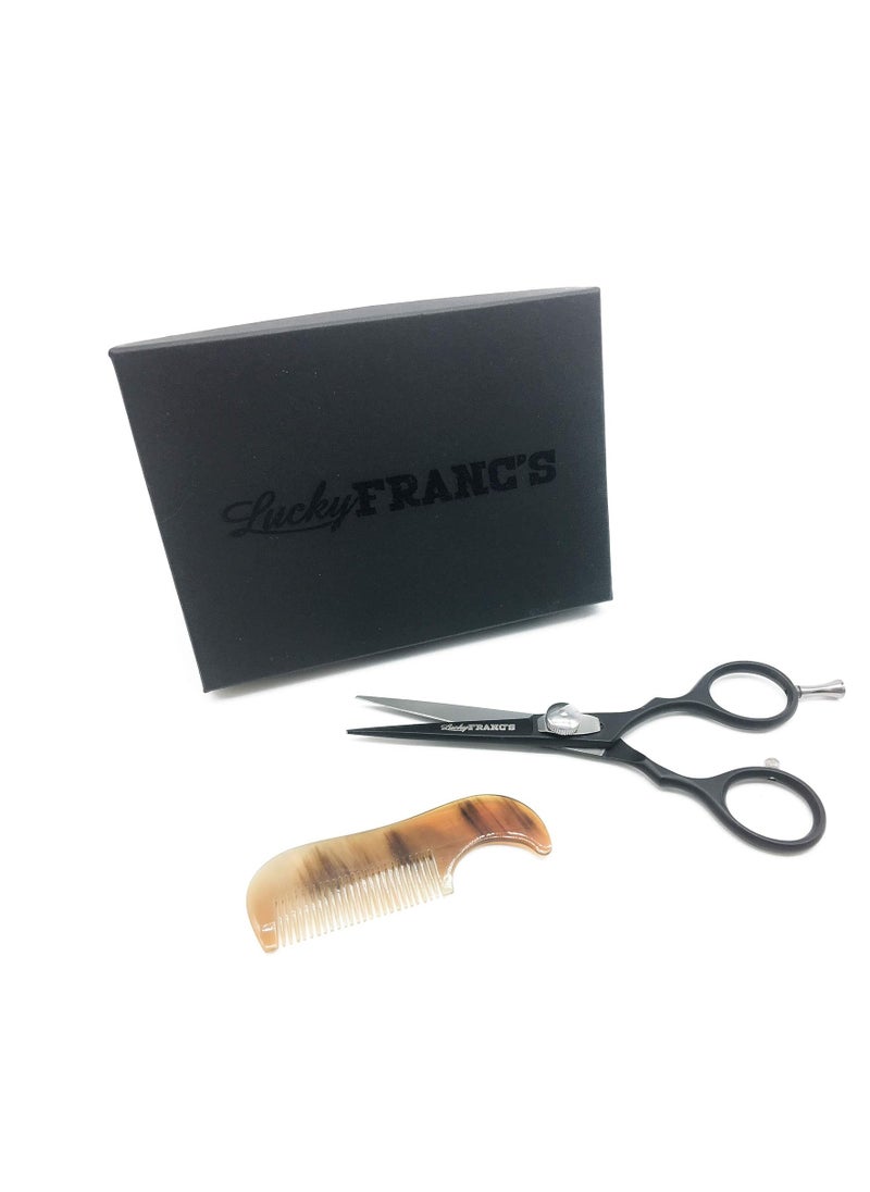 Lucky Franc's Beard Grooming Kit with Japanese Beard Scissors & Ox Horn Handmade Mini Beard Combs for Men. Mustache Trimming Kit with Mustache Hair Scissors and Comb for Men. Handmade Beard Care Kit