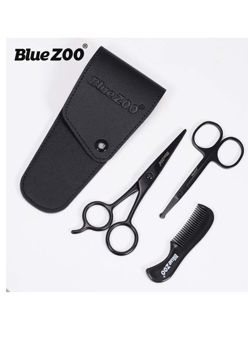 BlueZOO Beard Mustache Scissors and Comb Kit with PU Storage Bag, Rounded Safety Nose Hair Scissor for Men and Women Care Grooming, Ear Trimming Tool, Shears for Personal Grooming, Cutting & Styling