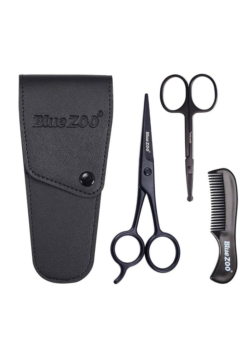 BlueZOO Beard Mustache Scissors and Comb Kit with PU Storage Bag, Rounded Safety Nose Hair Scissor for Men and Women Care Grooming, Ear Trimming Tool, Shears for Personal Grooming, Cutting & Styling