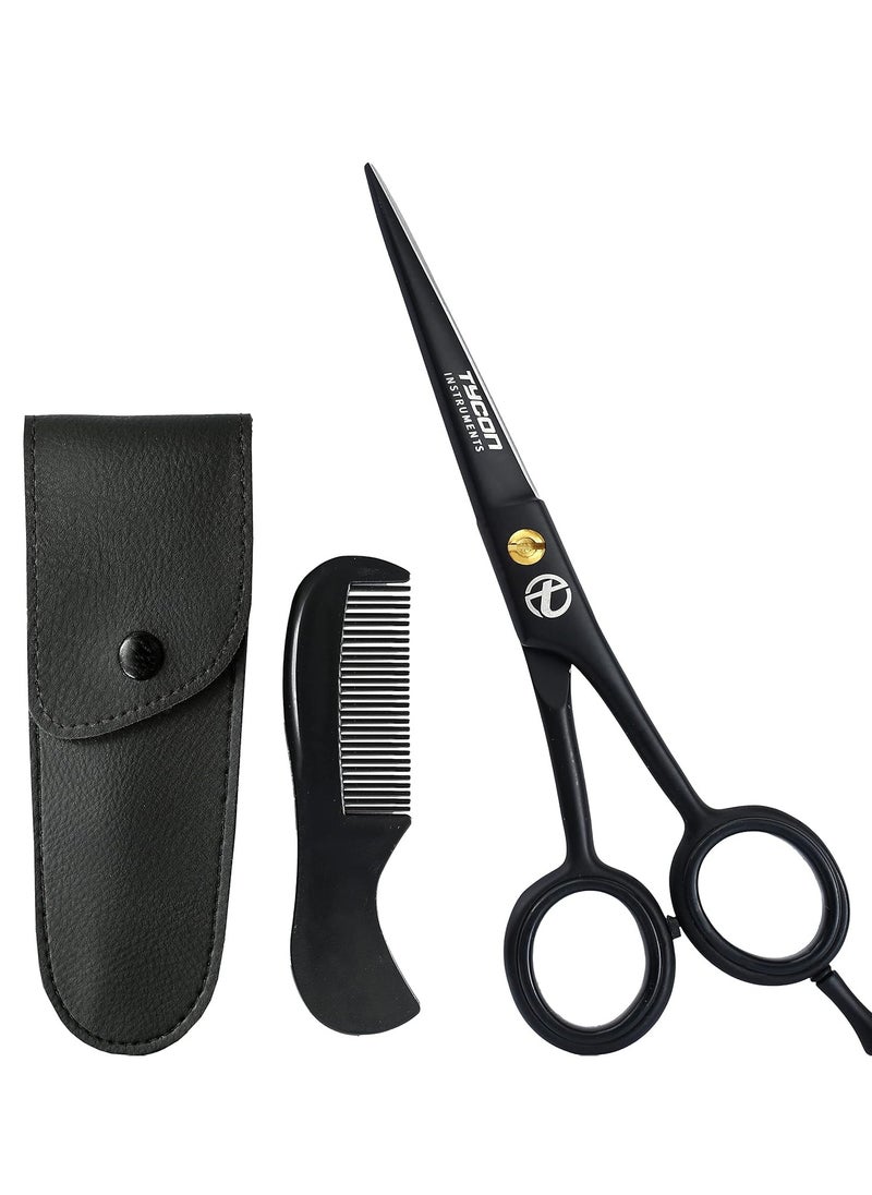 5.0 Mustache & Beard Scissors for men (Black) with leather Carrying Pouch & Comb - Premium facial beard grooming kit for trimming, styling & cutting of Mustache