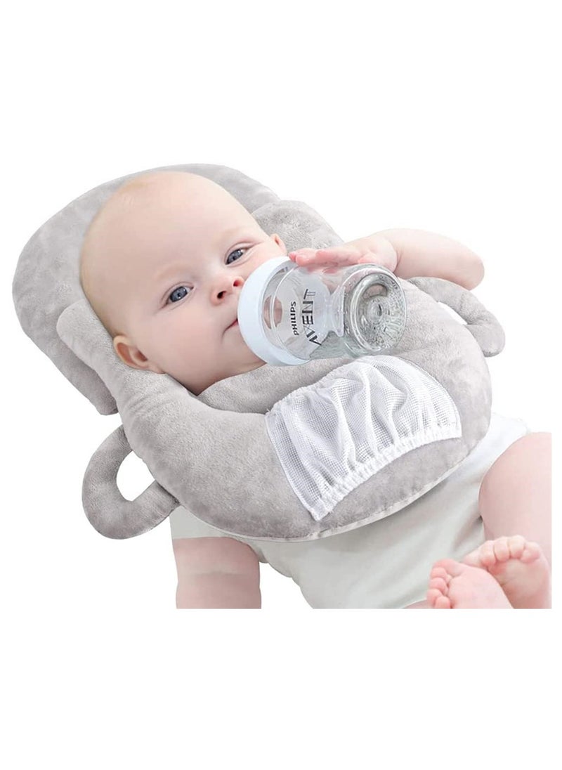 Portable Baby Nursing Pillow and Bottle Holder Adjustable Support Cushion for Newborns Anti-Spit Milk Pad Grey