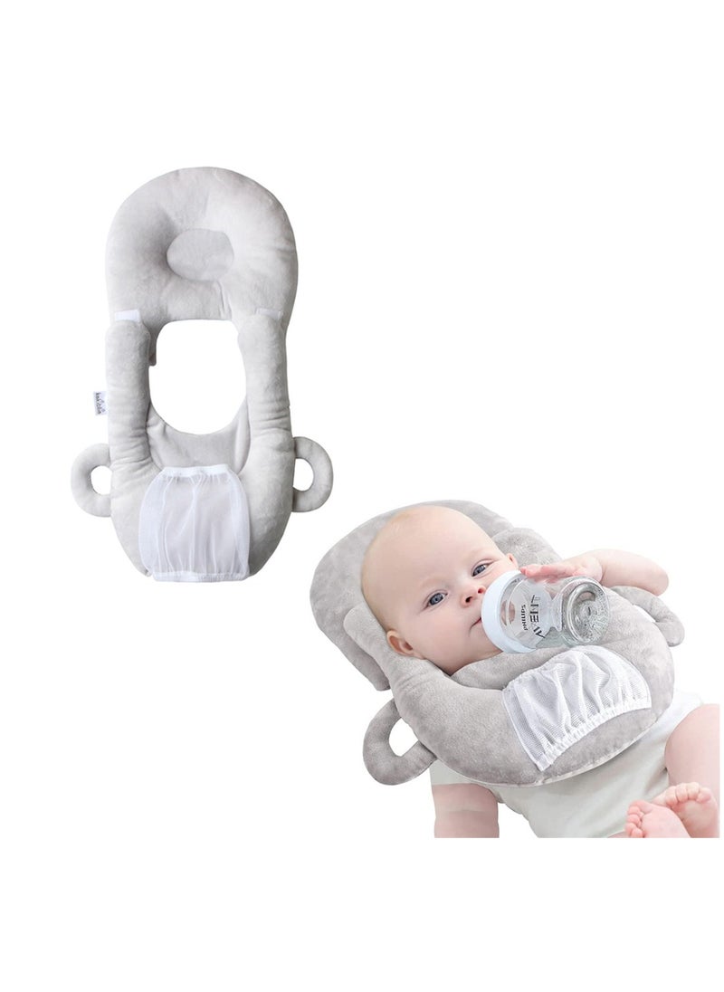 Portable Baby Nursing Pillow and Bottle Holder Adjustable Support Cushion for Newborns Anti-Spit Milk Pad Grey