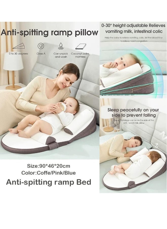 Baby Anti Reflux Pillow With 0-30° Adjustable Height, Relieves Vomiting Milk, Intestinal Colic, Side Rails, Brown