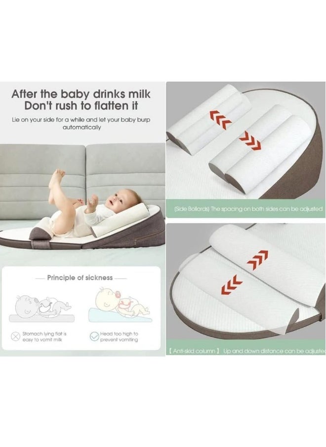 Baby Anti Reflux Pillow With 0-30° Adjustable Height, Relieves Vomiting Milk, Intestinal Colic, Side Rails, Brown