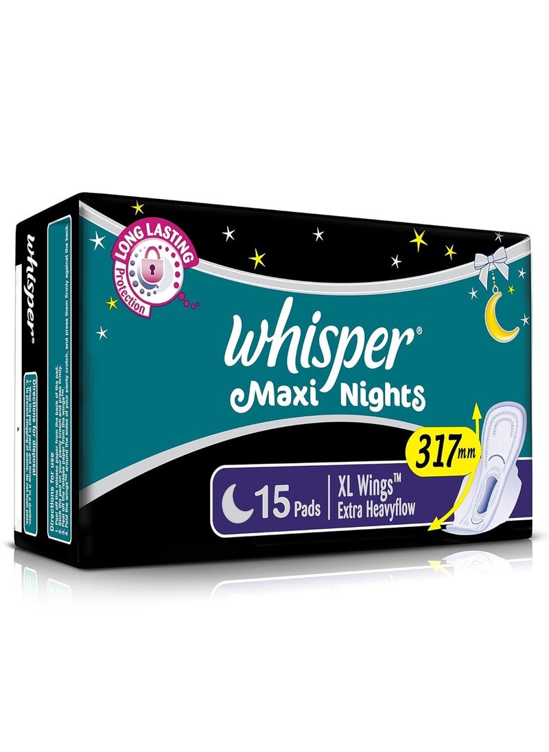 Whisper Maxi Nights Sanitary Pads for Women, XL, Pack of 15 Napkins