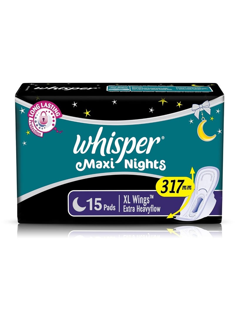 Whisper Maxi Nights Sanitary Pads for Women, XL, Pack of 15 Napkins