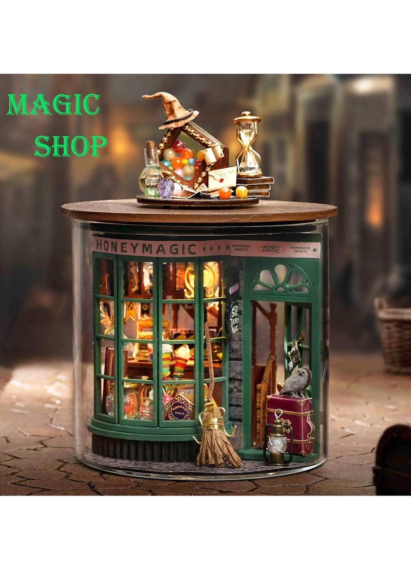Dollhouse DIY Miniature Wooden Furniture Kit, Mini Handmade Dollhouse Model with Dust Cover and LED, 1:24 Scale Creative Woodworking Toy, Desktop Ornaments, Suitable for Friends Birthday Gift (Magic Shop)
