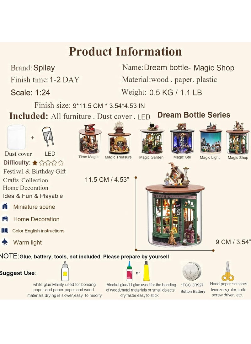 Dollhouse DIY Miniature Wooden Furniture Kit, Mini Handmade Dollhouse Model with Dust Cover and LED, 1:24 Scale Creative Woodworking Toy, Desktop Ornaments, Suitable for Friends Birthday Gift (Magic Shop)