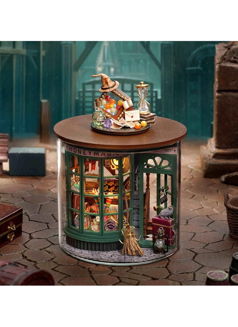 Dollhouse DIY Miniature Wooden Furniture Kit, Mini Handmade Dollhouse Model with Dust Cover and LED, 1:24 Scale Creative Woodworking Toy, Desktop Ornaments, Suitable for Friends Birthday Gift (Magic Shop)