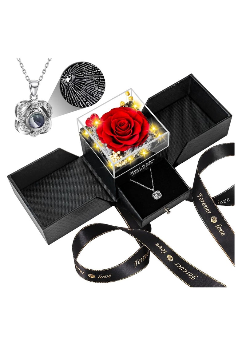 Preserved Rose Box Necklace, Red Real-Eternal Flowers Birthday Gifts for Her, Mom Wife Girlfriend Grandma on Mothers Day Anniversary Romantic