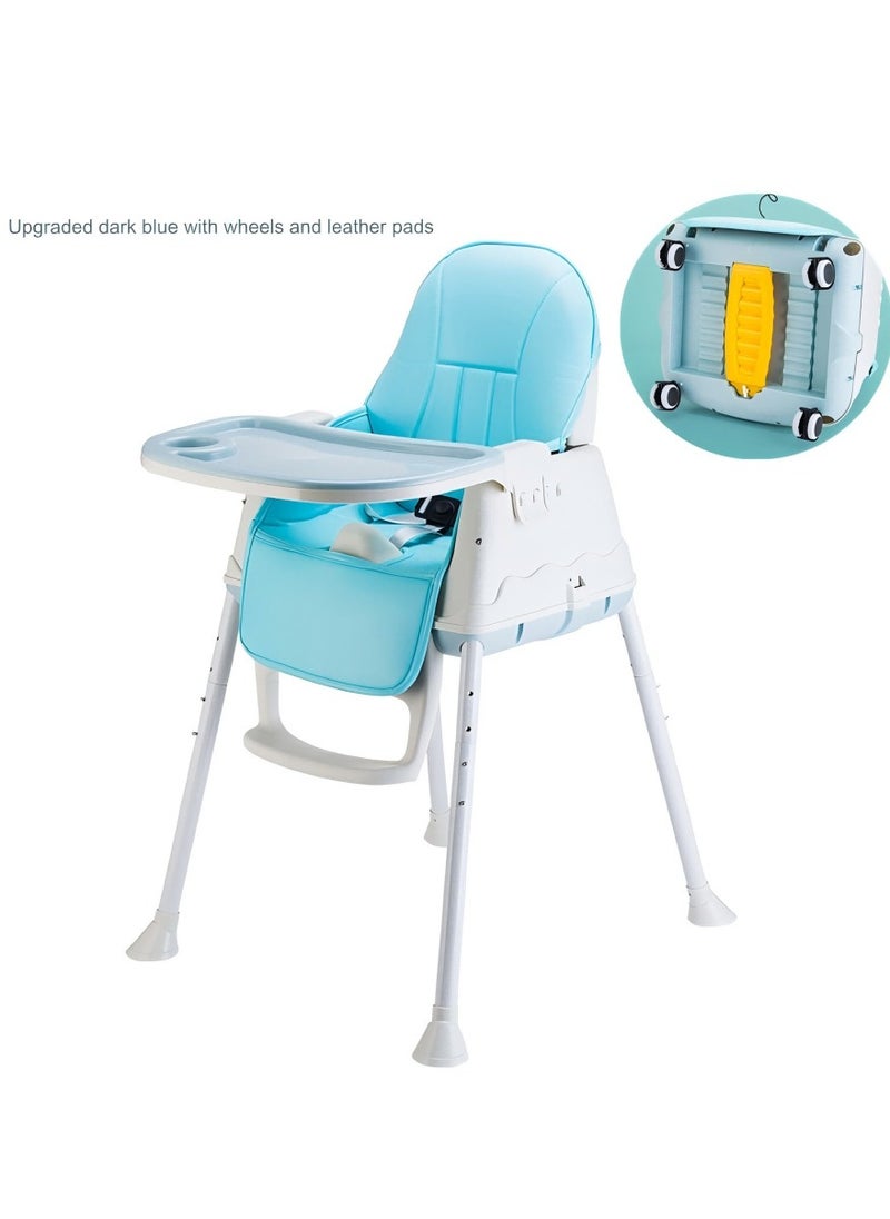 Multifunctional Baby Dining Chair, PP Material, Children's Three-Speed Dining Tray, Adjustable Universal Wheels, Multi-Purpose Detachable Portable Dining Chair - Blue (With Wheels And Leather Pad)