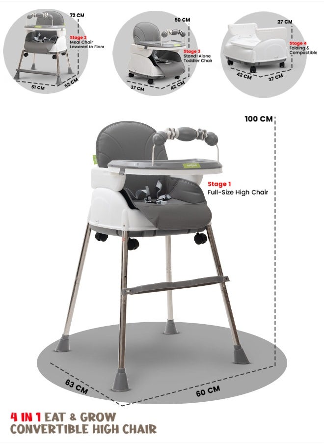 4 In 1 Nora Convertible High Chair For Kids With Adjustable Height And Footrest Baby Toddler Feeding Booster Seat With Tray Safety Belt Kids High Chair For Baby 6 Months To 4 Years Grey