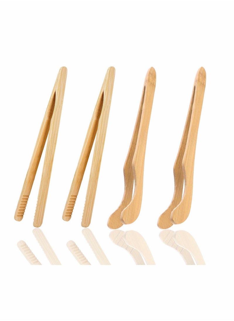 Bamboo Toaster Tongs, 18 cm/7 inch Wooden Cooking Tongs Kitchen Reusable Toast Tong Classic Wood Food Clip Tongs for Bread Grill Cheese Pickles Tea Fruit- Bamboo Kitchen Utensil Tongs, 4 Pcs