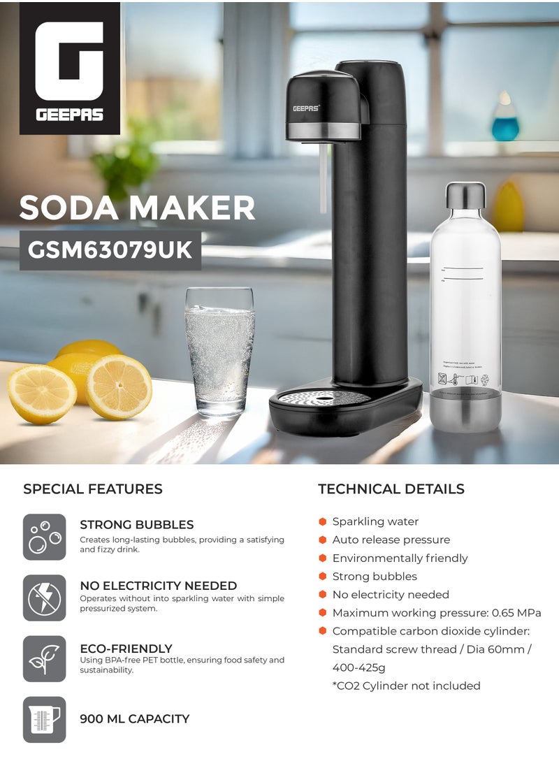 Soda Maker With 900 ml Capacity,  Auto Release Pressure, Environmentally Friendly, No Electricity Required | Sparkling Water, Strong Bubbles, Fizzy Beverages | Perfect for Making Flavored Drinks, Healthier Sodas