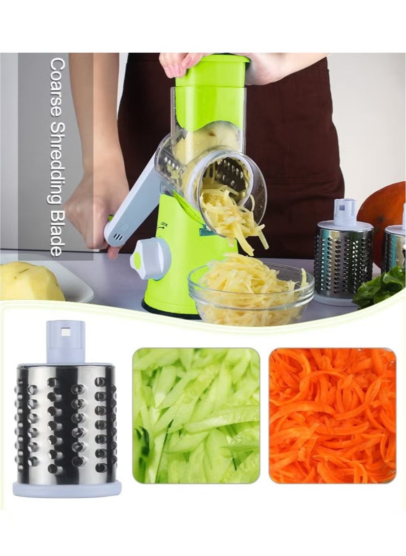 Manual Cheese Rotary Grater - Round Mandoline Slicer Shredder with 3 Inner Adjustable Blades (Green)