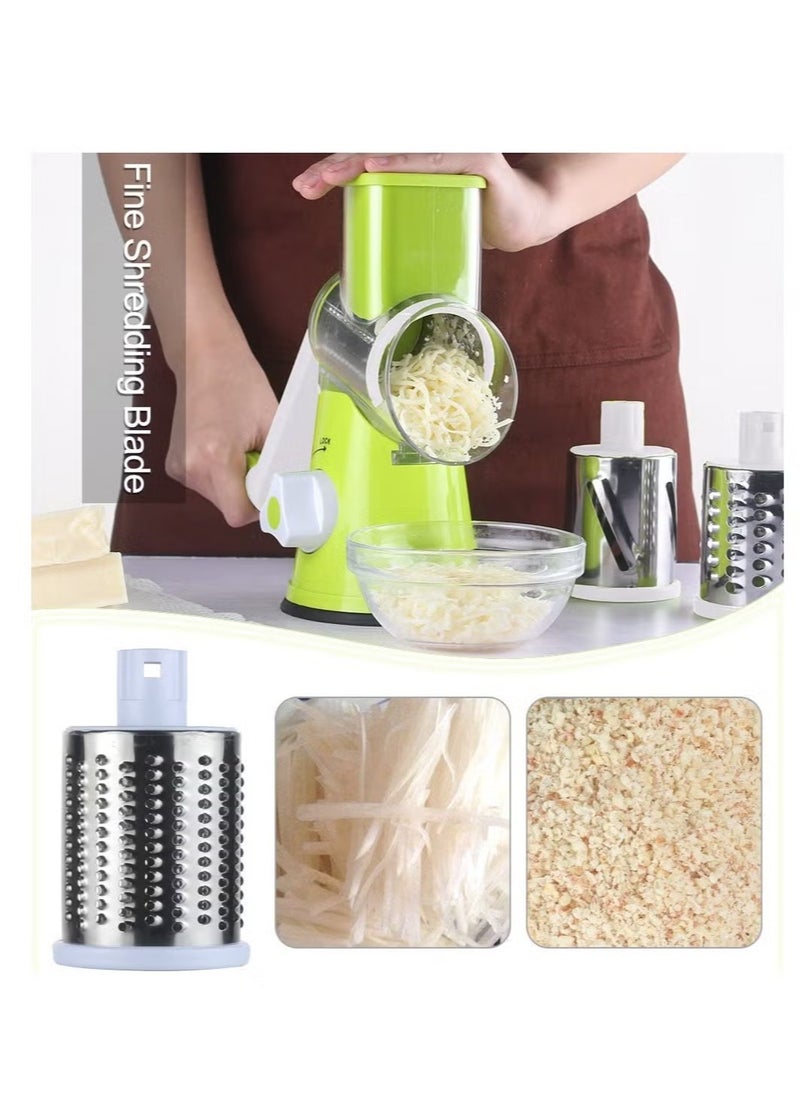 Manual Cheese Rotary Grater - Round Mandoline Slicer Shredder with 3 Inner Adjustable Blades (Green)