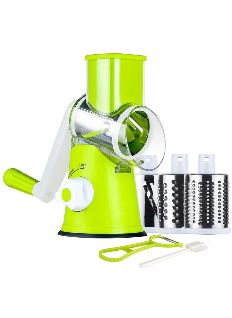 Manual Cheese Rotary Grater - Round Mandoline Slicer Shredder with 3 Inner Adjustable Blades (Green)