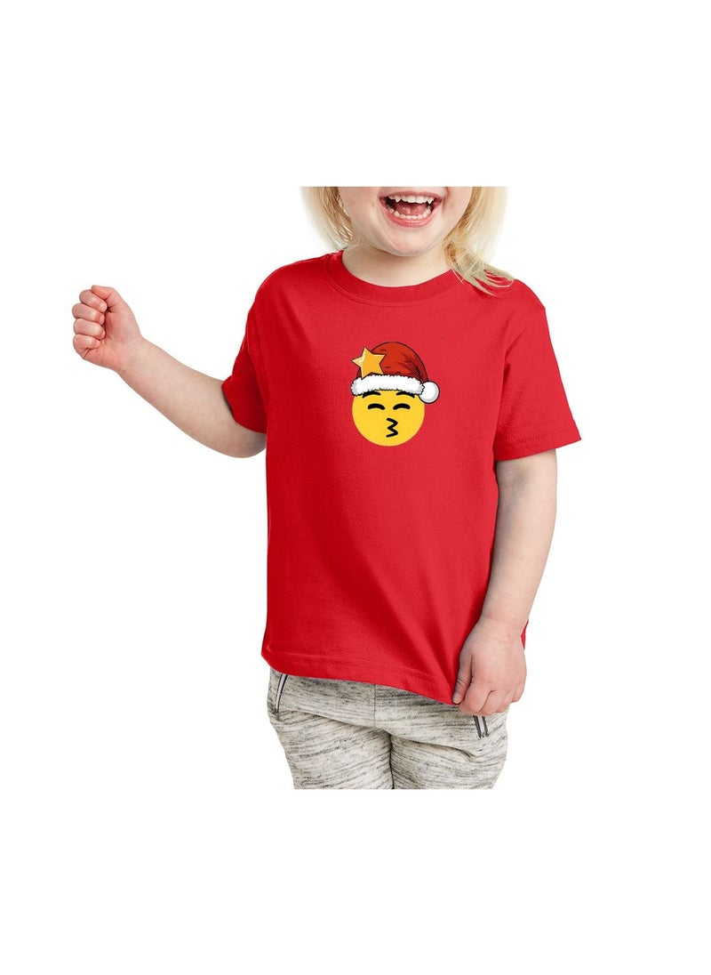 Christmas Emoji Kids Red T-Shirt For Girls–Soft Cotton Round Neck Short Sleeve T-Shirt With Smiley Face Emoji–Great For Parties