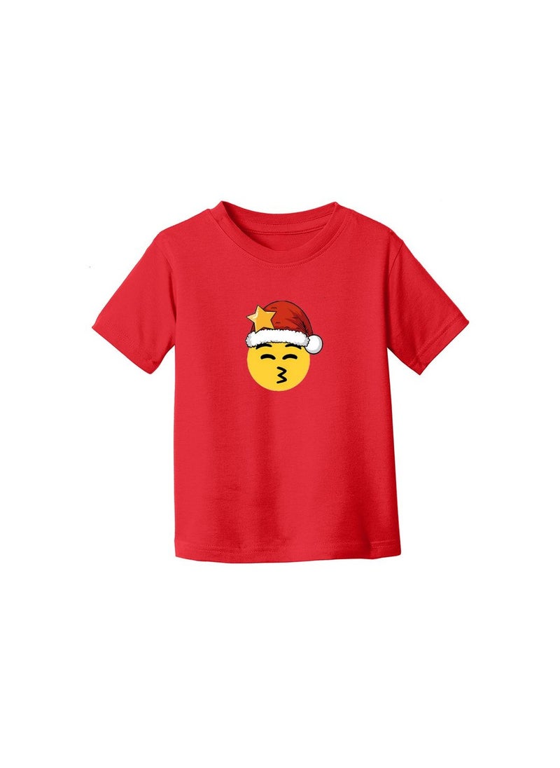 Christmas Emoji Kids Red T-Shirt For Girls–Soft Cotton Round Neck Short Sleeve T-Shirt With Smiley Face Emoji–Great For Parties