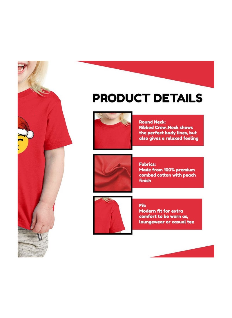 Christmas Emoji Kids Red T-Shirt For Girls–Soft Cotton Round Neck Short Sleeve T-Shirt With Smiley Face Emoji–Great For Parties