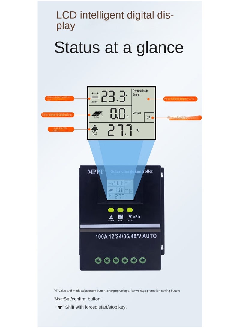 MPPT Solar Controller, 100A 12V/24V/36V/48V Adaptive Solar Panel Regulator with Dual USB Backlit LCD Display Clock Display Solar Controller for Gel Flooded LifePO4 Battery