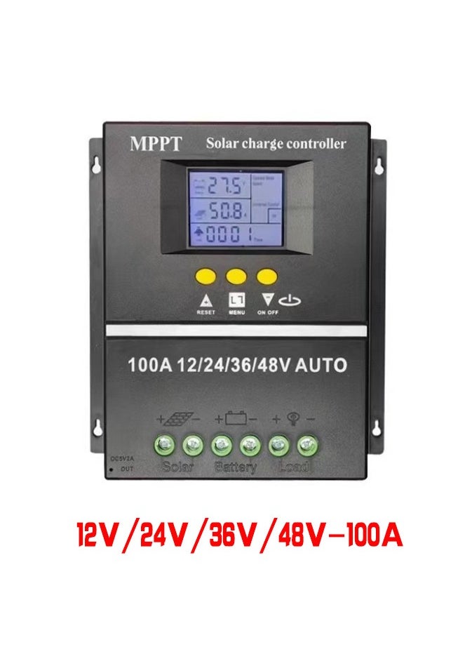 MPPT Solar Controller, 100A 12V/24V/36V/48V Adaptive Solar Panel Regulator with Dual USB Backlit LCD Display Clock Display Solar Controller for Gel Flooded LifePO4 Battery