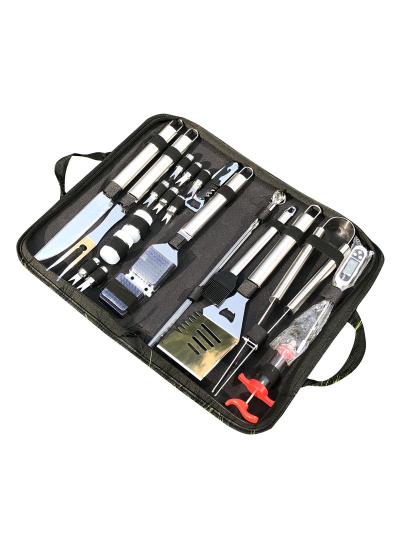 Complete 24-Piece Stainless Steel BBQ Grill Tool Set with Digital Thermometer, Meat Injector, Skewers, Corn Holders, and Full Grilling Accessories Kit in a Portable Carrying Bag. Arfan