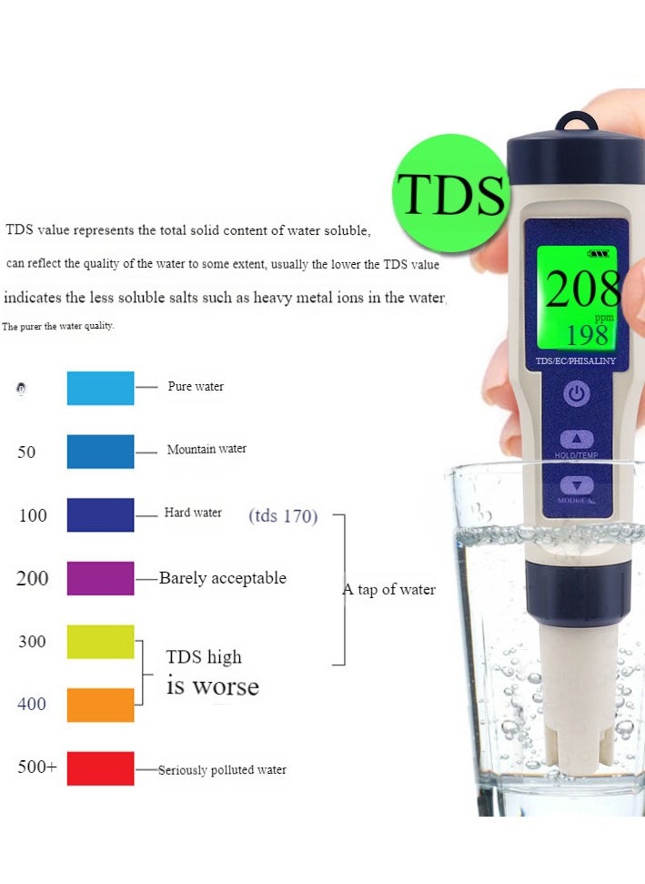 5 In 1 TDS/EC/pH/Salinity/Temperature Meter, Digital Water Quality Monitor Tester, Suitable for Pools, Drinking Water, Aquariums