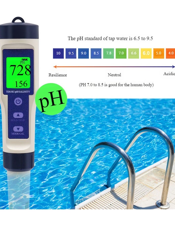 5 In 1 TDS/EC/pH/Salinity/Temperature Meter, Digital Water Quality Monitor Tester, Suitable for Pools, Drinking Water, Aquariums