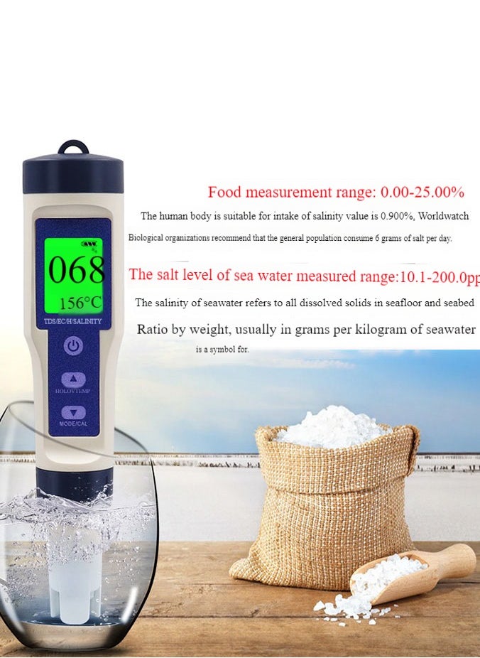 5 In 1 TDS/EC/pH/Salinity/Temperature Meter, Digital Water Quality Monitor Tester, Suitable for Pools, Drinking Water, Aquariums