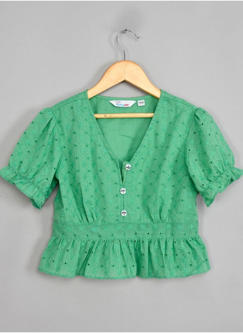 Green schiffli crop top with schiffli short sets for girls