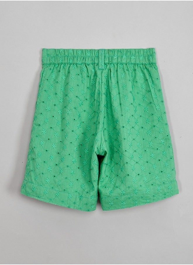 Green schiffli crop top with schiffli short sets for girls