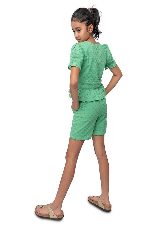 Green schiffli crop top with schiffli short sets for girls